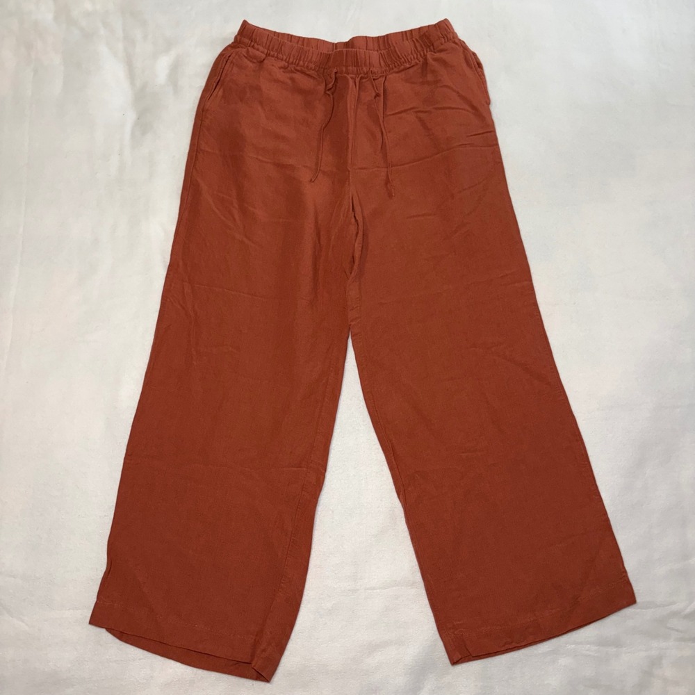 H&M Linen Terracotta Wide Leg Drawstring Pants Size Medium Boho Relaxed Fall